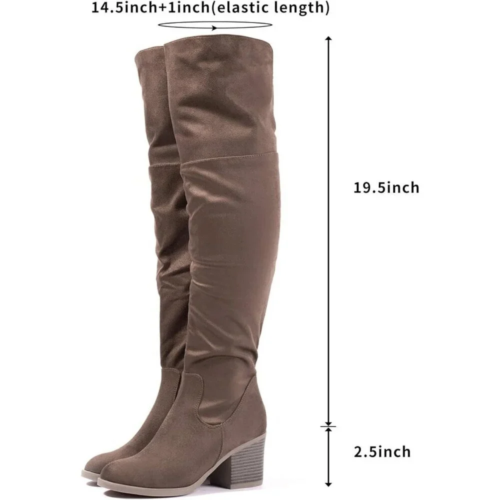 Women's Khaki Thigh High Boots Stacked Block Heel Over The Knee Boots Rubber